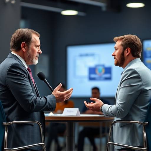 Dos personas practicando un debate en un entorno profesional, recibiendo retroalimentación de un instructor