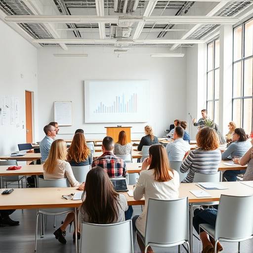 Un grupo de personas participando activamente en un taller de oratoria en un aula moderna y luminosa en Barcelona